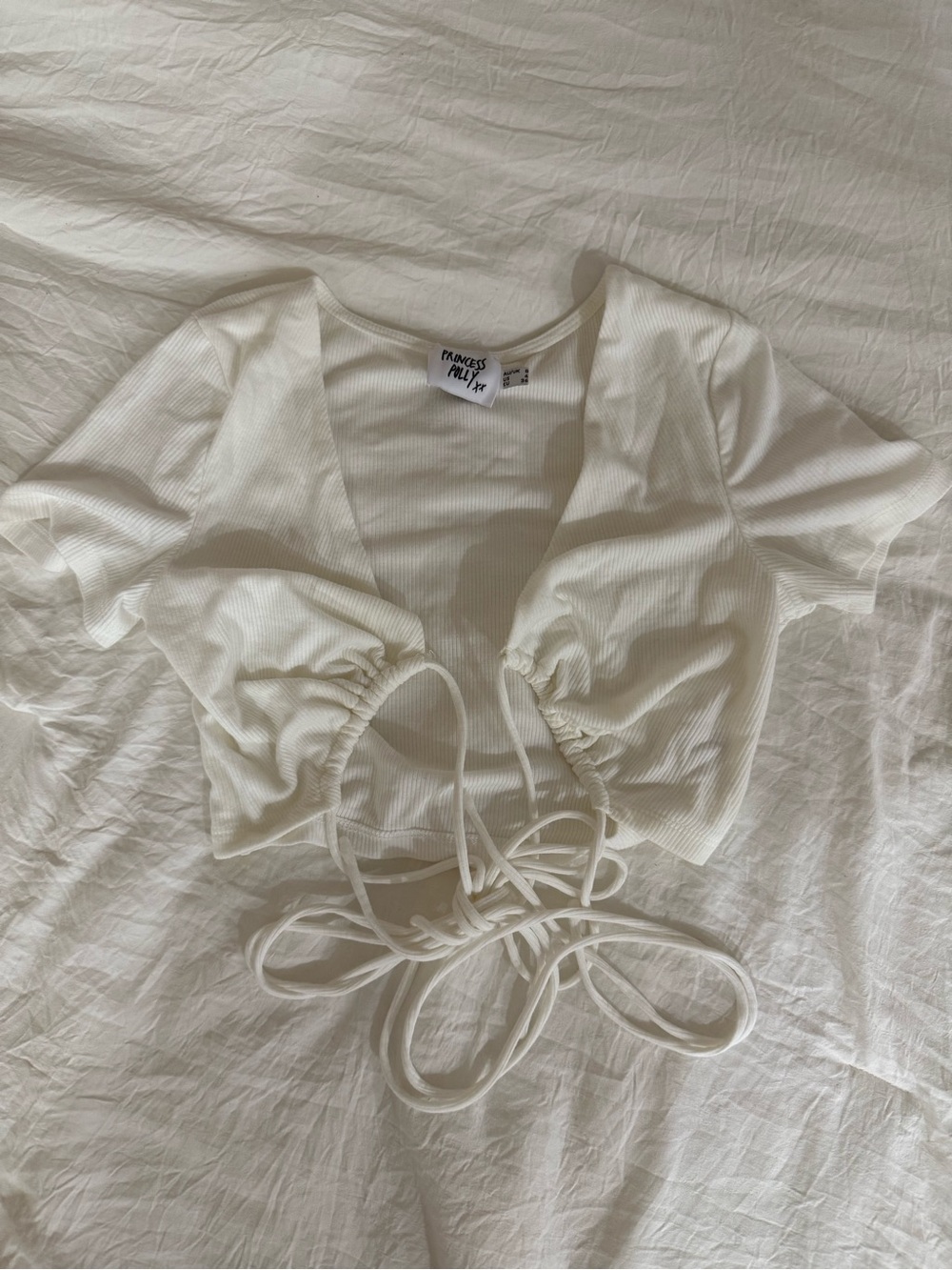 Princess Polly Cream Ribbed Tie-Front Crop Top